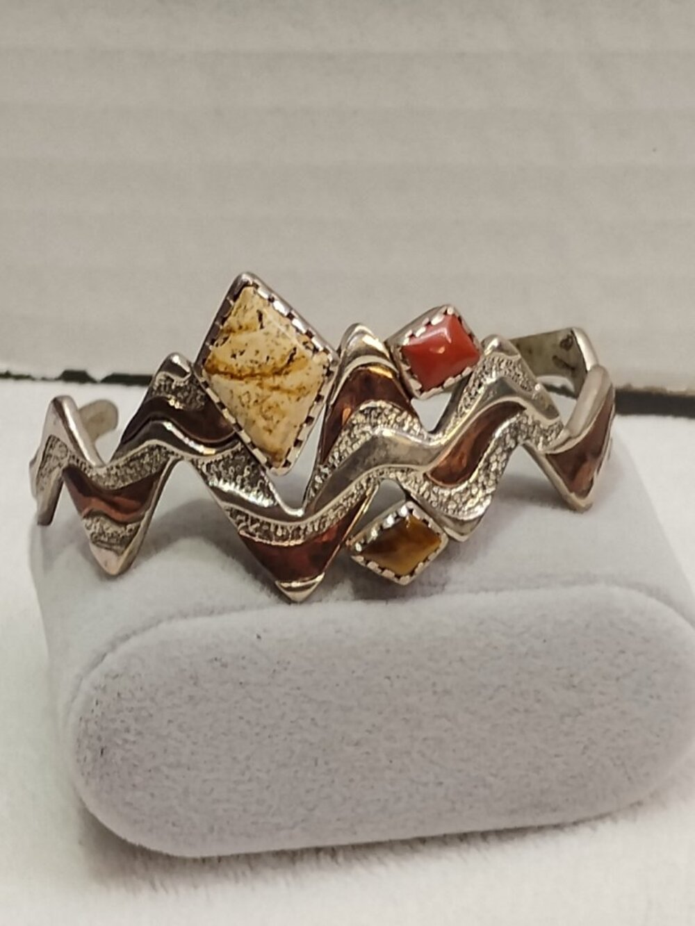 CAROLYN POLLACK Zig Zag Cuff Bracelet 925 Silver Copper Coral Tiger's Eye Jasper